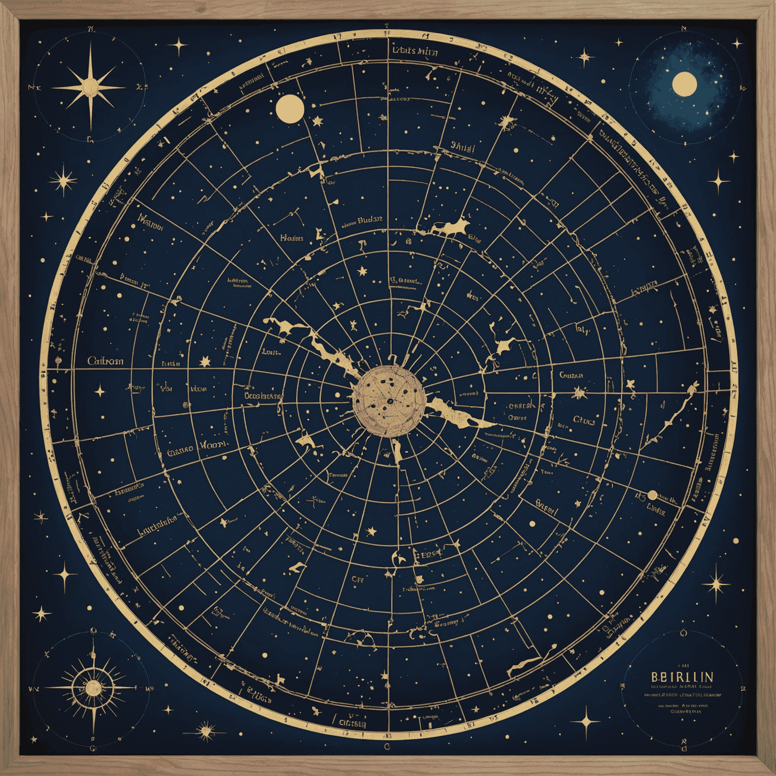 Eine detaillierte Karte des Sternenhimmels mit hervorgehobenen Sternzeichen und Konstellationen, die den Weg zu unserem Büro in Berlin zeigen