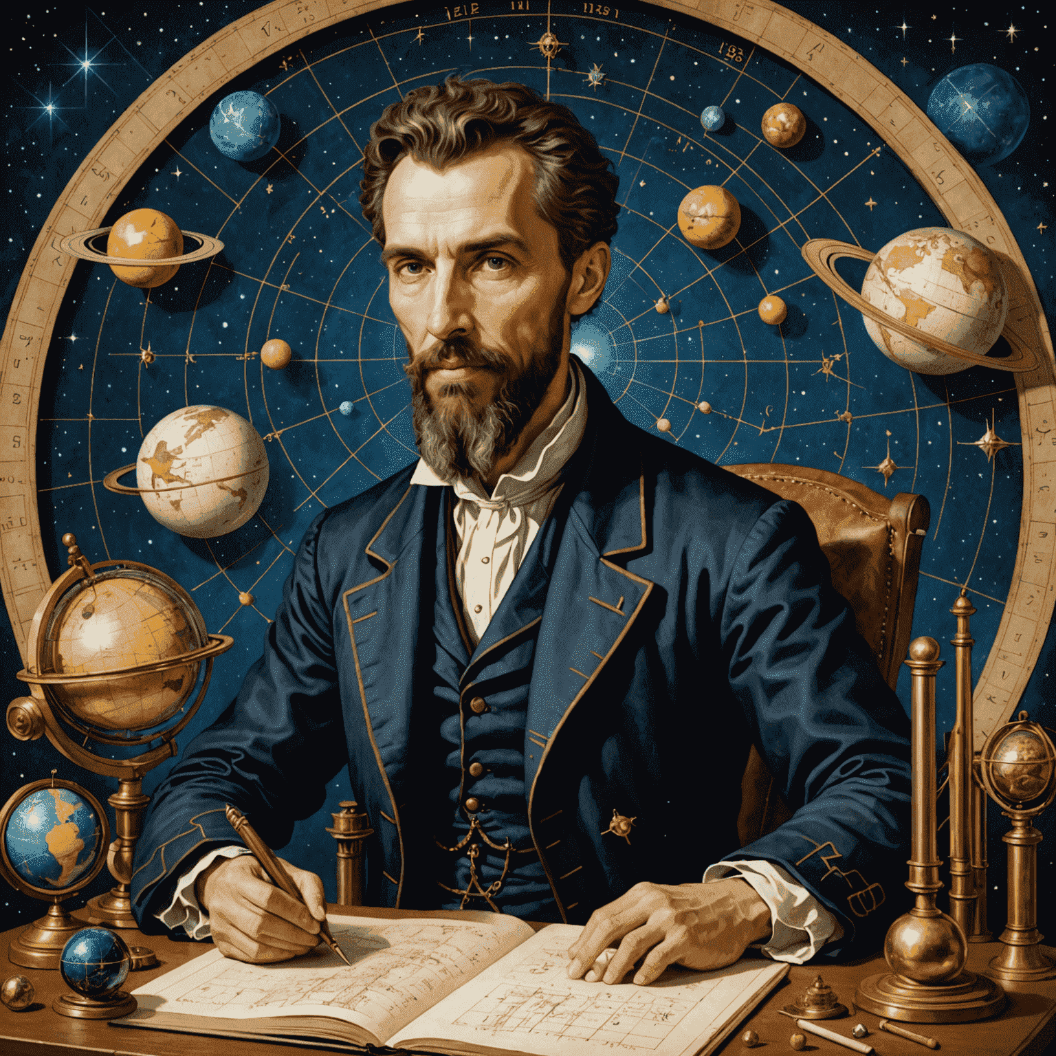 Ein Porträt von Johannes Kepler, umgeben von seinen astrologischen und astronomischen Instrumenten. Im Hintergrund sind Sternenkarten und mathematische Berechnungen zu sehen.