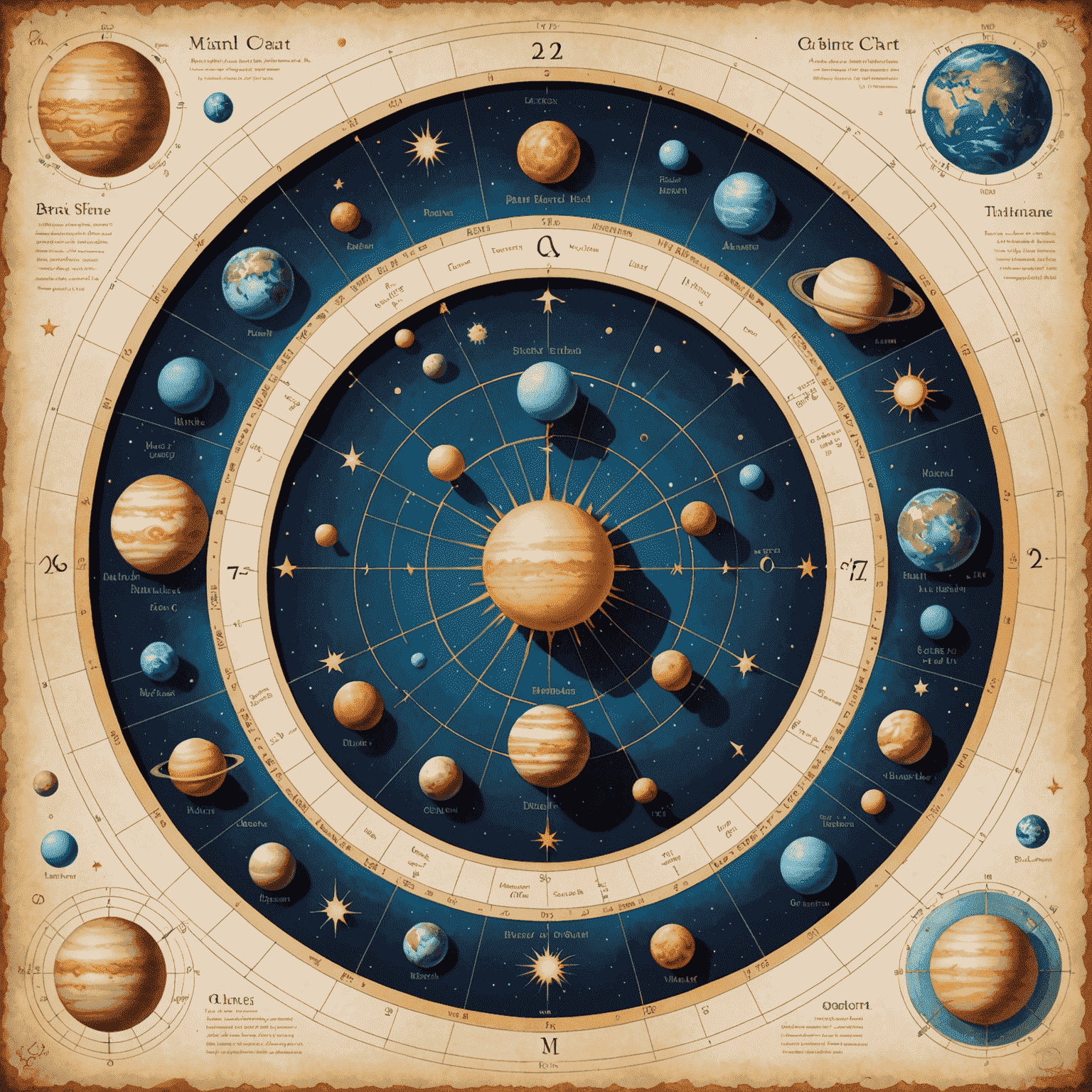 Illustration der verschiedenen Elemente eines Geburtshoroskops, einschließlich Planeten, Häuser und Aspekte