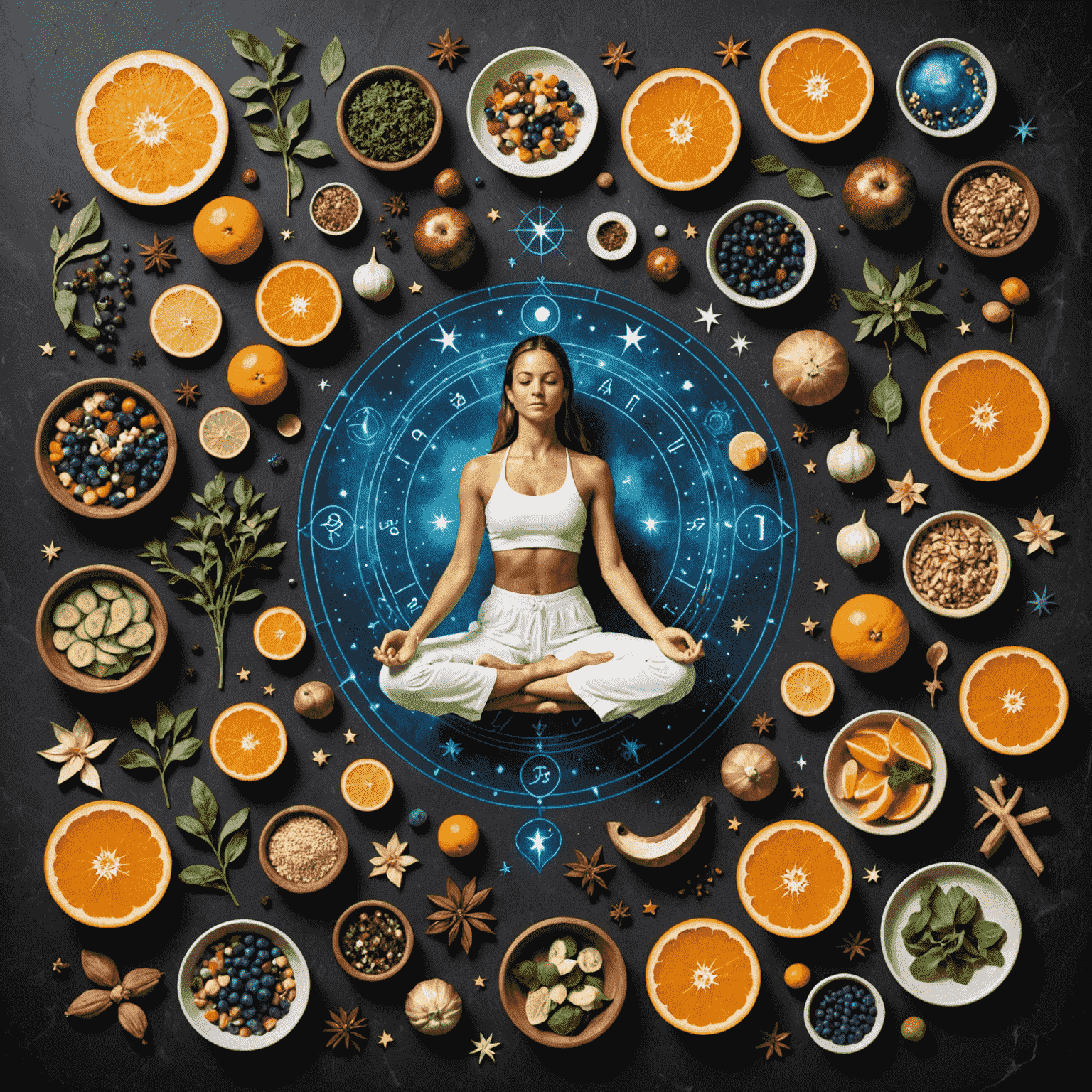 Ein Collage-Bild, das verschiedene Wellness-Aktivitäten wie Yoga, gesunde Ernährung und Meditation zeigt, jeweils mit subtilen astrologischen Symbolen verbunden, um die Verbindung zwischen Astrologie und ganzheitlichem Wohlbefinden zu verdeutlichen